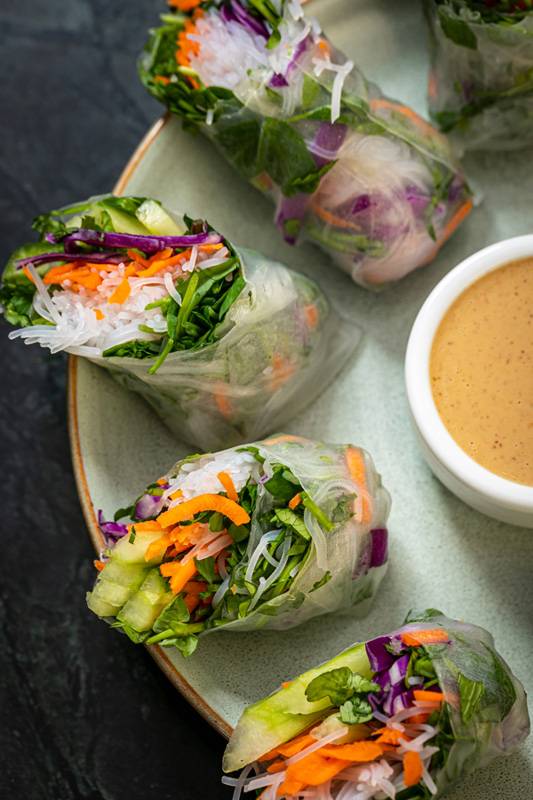 RECIPE: Pea Shoot Spring Rolls With Peanut Sauce