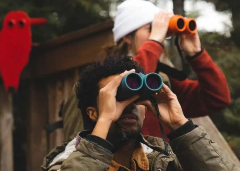two people looking through binoculars