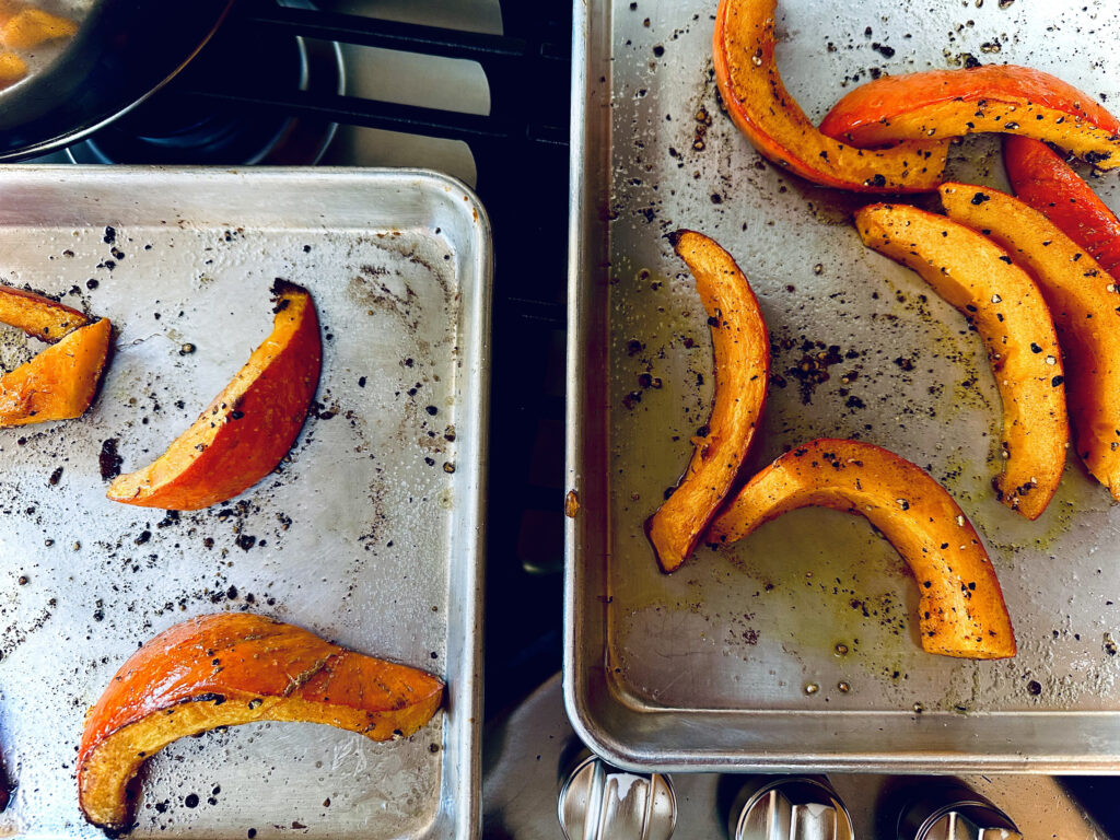 roasted kuri squash on baking sheet