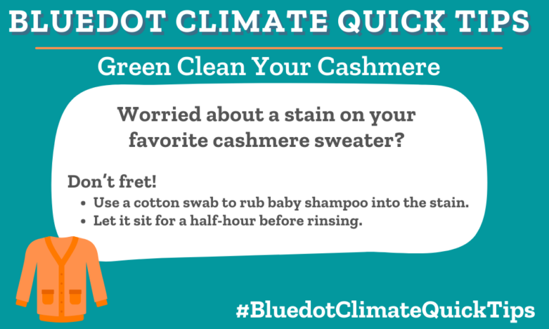 Climate Quick Tip: Green Clean Your Cashmere Worried about a stain on your favorite cashmere sweater? Don’t fret! •Use a cotton swab to rub baby shampoo into the stain. •Let it sit for a half-hour before rinsing.To remove stains on cashmere, rub a cotton swab with baby shampoo and let sit for half an hour before rinsing.